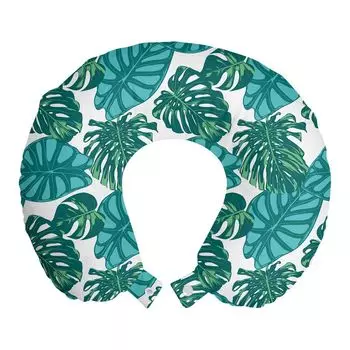 ABAKUHAUS Aloha Дорожная подушка для шеи, тематика «Лесные листья», тематика природы, пенопластовый дорожный предмет для самолета и автомобиля, 30x30 см, бирюзово-бирюзовый