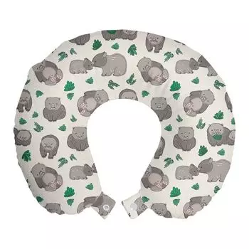 ABAKUHAUS Animal Travel Pillow Подушка для шеи, Вомбаты с листовыми растениями, Пенопластовые дорожные принадлежности для самолетов и автомобилей, 30x30 см, Цвет слоновой кости