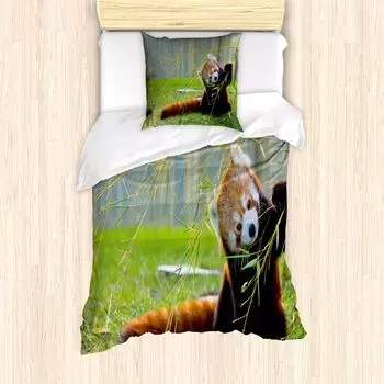 ABAKUHAUS Animal World Комплект пододеяльников для односпальных кроватей, азиатское животное панда, защита от клещей, подходит для аллергиков, с наволочкой, коричнево-красный