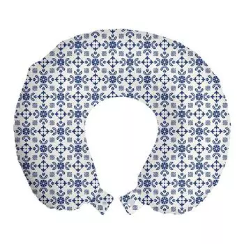 ABAKUHAUS Антикварная восточная дорожная подушка для шеи, фольклорное синее искусство, пенопластовый дорожный предмет для самолета и автомобиля, 30x30 см, темно-синий и кремовый белый