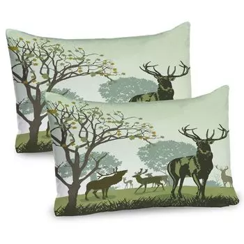ABAKUHAUS Antler Чехлы на подушку, набор из 2 шт., Олени и дикие животные в парке, внесенном в список объектов Всемирного природного наследия, Лесная зона Ren Nature Scene, Чехол для подушки с декоративным принтом, 80 x 40 см, Зеленый