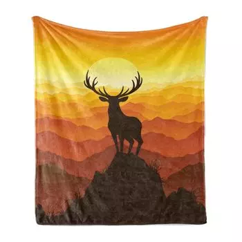 ABAKUHAUS Antler Мягкое фланелевое флисовое одеяло, Deer At Sunset Adventure Wildlife Panorama Valley Hill Silhouette, 175 x 230 см, Siena Marigold