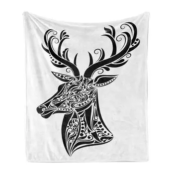 ABAKUHAUS Antler Мягкое фланелевое флисовое одеяло, узор татуировки в виде оленя. Креативные портреты в черно-белых тонах, 175 x 230 см, Белый Черный