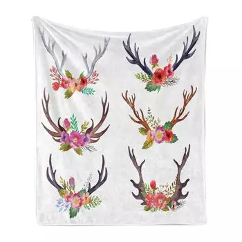 ABAKUHAUS Antlers Мягкое фланелевое флисовое одеяло, Букет из оленьих рогов Цветы Цветущие забавы Весенние ветки сада Художественный принт, 175 x 230 см, Разноцветный