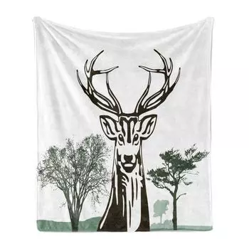 ABAKUHAUS Antlers Мягкое фланелевое флисовое одеяло, силуэты деревьев оленя и лося Дизайн деревенского горного осеннего леса, 175 x 230 см, шоколадно-зеленый белый, красный