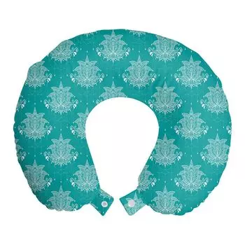 ABAKUHAUS Aqua Damask Дорожная подушка для поддержки шеи, восточное кружево Lotus, пенопластовые дорожные принадлежности для самолета и автомобиля, 30x30 см, темно-морская пена, белый