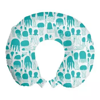 ABAKUHAUS Aqua Jellyfish Travel Подушка для шеи, силуэты морской жизни, пенопластовые дорожные принадлежности для самолета и автомобиля, 30x30 см, темный морской пенопласт и белый