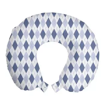 ABAKUHAUS Argyle Travel Pillow Поддержка шеи, границы с диагональными ромбами, пенопластовые дорожные принадлежности для самолета и автомобиля, 30x30 см, белый и темно-синий потолок