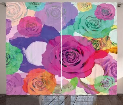 ABAKUHAUS Art Занавеска в деревенском стиле, Цветочная композиция из роз, Ленточная штора с рюшами и петлями для спальни, 280 x 260 см, Бирюзово-пурпурный, бирюзовый