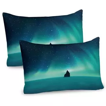 ABAKUHAUS Astral Чехлы для подушек, набор из 2 шт., Северное сияние Небо и пейзаж одиночной скалы, Чехол для подушки с декоративным принтом, 80x40 см, Бирюзовый, бирюзовыйово-синий