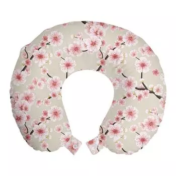 ABAKUHAUS Азиатская дорожная подушка для шеи, Flowering Cherry Blooms, дорожная вещь из пенопласта для самолета и автомобиля, 30x30 см, бежевая роза