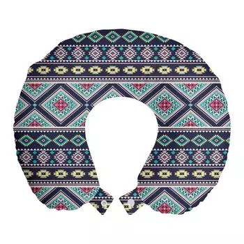 ABAKUHAUS Aztec Travel Подушка для шеи, фольклорное геометрическое искусство, пенопластовые дорожные принадлежности для самолета и автомобиля, 30x30 см, темно-синий разноцветный