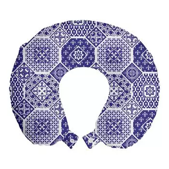 ABAKUHAUS Azulejo дорожная подушка для шеи, ритмичные цветочные мотивы, дорожная вещь из пенопласта для самолета и автомобиля, 30x30 см, темно-лавандовый белый
