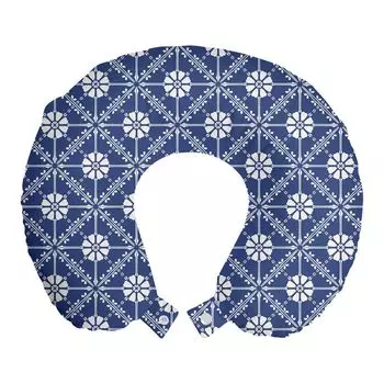ABAKUHAUS Azulejo Дорожная подушка для шеи, традиционный португальский стиль, пенопластовые дорожные принадлежности для самолета и автомобиля, 30x30 см, белый и темно-лавандовый