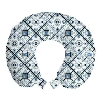 ABAKUHAUS Azulejos Дорожная подушка для шеи, синеватый этнический цветочный мотив, пенопластовые дорожные принадлежности для самолета и автомобиля, 30x30 см, синий