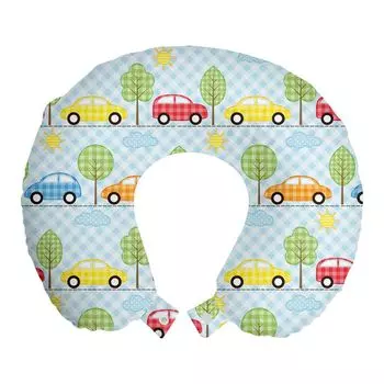ABAKUHAUS Baby Travel Pillow Подушка для шеи, Машинки в клетку с деревьями, Пенопластовые дорожные принадлежности для самолетов и машин, 30x30 см, Разноцветные