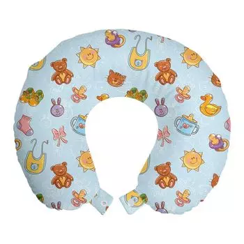 ABAKUHAUS Baby Travel Pillow Подушка для шеи, плюшевый мишка с лентой от солнца, пенопластовые дорожные принадлежности для самолета и автомобиля, 30x30 см, Голубая корица