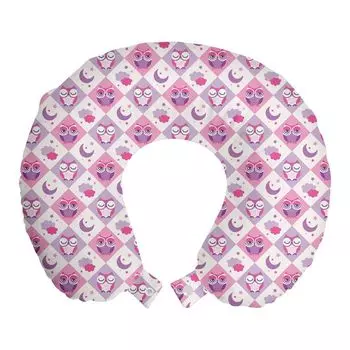 ABAKUHAUS Baby Travel Pillow Подушка для шеи, клетчатый узор «Совы», пенопластовые дорожные принадлежности для самолета и автомобиля, 30x30 см, фиолетово-розовый