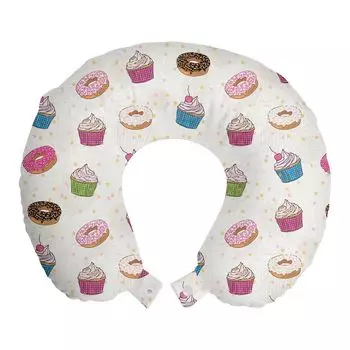 ABAKUHAUS Bakery Travel Pillow Подушка для шеи, рисунок вручную, сливочные десерты, пенопластовые дорожные принадлежности для самолета и автомобиля, 30x30 см, разноцветная слоновая кость