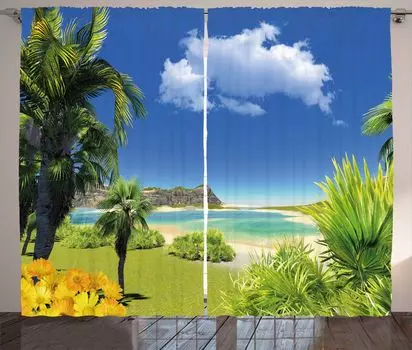 ABAKUHAUS Beach Rustic Curtain, Paradise Palm Island, универсальные ленточные шторы для гостиной с петлями и крючками, 280 x 225 см, разноцветные