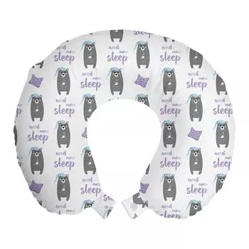 ABAKUHAUS Bear Travel Подушка для шеи, поддержка шеи, Need More Sleep Children Art, пенопластовые дорожные принадлежности для самолета и автомобиля, 30x30 см, светло-серый и лиловый