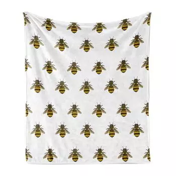 ABAKUHAUS Bee Мягкое фланелевое флисовое одеяло, повторяющийся узор с насекомым-медоносцем на нейтральном фоне, 175 x 230 см, Желто-серый