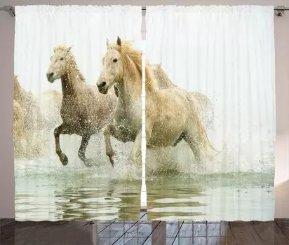 ABAKUHAUS Белая деревенская штора, Камаргские лошади в воде, Универсальные ленточные шторы для гостиной с петлями и крючками, 280 x 245 см, Бежево-белый