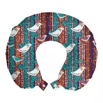 ABAKUHAUS Birds Дорожная подушка для шеи, разноцветные полосы ветвей, пенопластовые дорожные принадлежности для самолета и автомобиля, 30x30 см, сливово-бирюзовый и лососевый