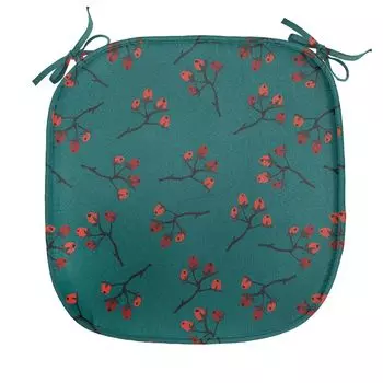 ABAKUHAUS Бирюзовая подушка для обеденного стула, Red Berry Christmas Декоративная водонепроницаемая подушка в деревенском стиле с ремнями для кухонных сидений, 40 см x 40 см, Бирюзово-рубиновый киноварь