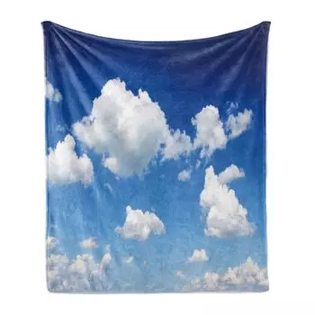 ABAKUHAUS Blue Sky Мягкое фланелевое флисовое одеяло, Fluffy Cloudscape Daylight, уютный плюш для использования в помещении и на открытом воздухе, 125 x 175 см, кобальтово-синий, небесно-голубой