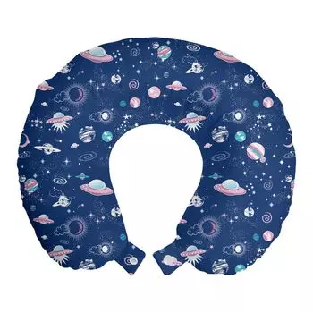 ABAKUHAUS Blue Sky Travel Подушка для шеи, Galaxy Planets Stars Art, Пенопластовые дорожные принадлежности для самолета и автомобиля, 30x30 см, Темно-голубой белый