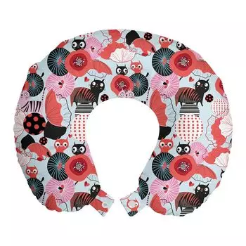 ABAKUHAUS Blumenland Подушка для путешествий, поддержка шеи, Stripes Dots Kittens, пенопластовые дорожные принадлежности для самолетов и автомобилей, 30x30 см, бледно-голубой коралловый и темно-серый