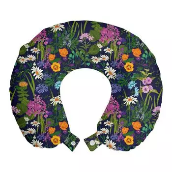 ABAKUHAUS Blumenland Travel Pillow Подушка для шеи, Различные цветы, Пенопластовые дорожные принадлежности для самолетов и автомобилей, 30x30 см, Разноцветный индиго