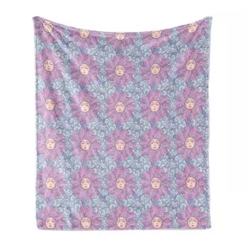 ABAKUHAUS Boho Мягкое фланелевое флисовое одеяло, Сказочное солнце с человеческим лицом в окружении птичьих крыльев, расположенных в форме круга, 175 x 230 см, Разноцветный