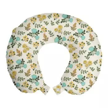 ABAKUHAUS Botanical Travel Pillow Подушка для шеи, Цветущие травы, Пенопластовые дорожные принадлежности для самолета и автомобиля, 30x30 см, Морская пена цвета слоновой кости