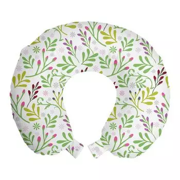 ABAKUHAUS Ботаническая дорожная подушка для шеи, Flower Yard Childish, пенопластовые дорожные принадлежности для самолета и автомобиля, 30x30 см, зеленый папоротник, бордовый и розовый