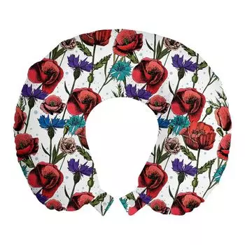 ABAKUHAUS Ботаническая подушка для путешествий, поддержка шеи, луговая сцена, флора, пенопластовый дорожный предмет для самолета и автомобиля, 30x30 см, красный и фиолетовый