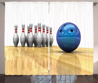 ABAKUHAUS Bowling Party Рустикальная штора, «Предметы на полу», Универсальные ленточные шторы для гостиной с петлями и крючками, 280 x 260 см, Светло-коричневый, белый, синий