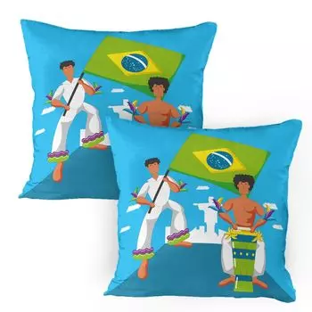 ABAKUHAUS Brazil, набор из 2 чехлов для подушек, бразильские музыканты, тропические персонажи развлекаются и машут флагом, чехол для подушки с декоративным принтом, 80 x 80 см, многоцветный глубокий небесно-голубой цвет