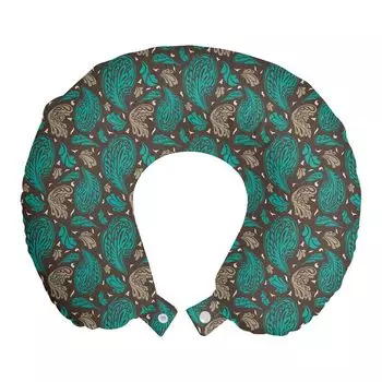 ABAKUHAUS Brown and Blue Travel Pillow Подушка для шеи, Кудрявые листья в стиле ретро, Пенопластовые дорожные принадлежности для самолета и автомобиля, 30x30 см, Бирюзово-коричневая умбра