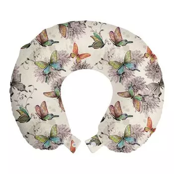 ABAKUHAUS Butterfly Travel Pillow Подушка для шеи, животные мягких цветов, пенопластовые дорожные принадлежности для самолета и автомобиля, 30x30 см, разноцветные