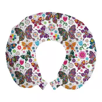 ABAKUHAUS Butterfly Travel Pillow Подушка для шеи, орнамент в стиле ретро, пенопластовые дорожные принадлежности для самолета и автомобиля, 30x30 см, разноцветные