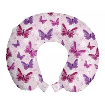 ABAKUHAUS Butterfly Travel Pillow Подушка для шеи, Butterflies Fairy Colors, пенопластовые дорожные принадлежности для самолета и автомобиля, 30x30 см, розовый фиолетовый