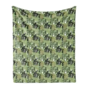 ABAKUHAUS Cactus Мягкое фланелевое флисовое одеяло, Create Pattern Abstract Design Повтор кактусов, 175 x 230 см, Хаки Темно-Зеленая Сепия, зеленый