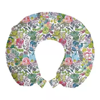 ABAKUHAUS Cactus Spring Flower Дорожная подушка для шеи, садовая графика, пенопластовые дорожные принадлежности для самолета и автомобиля, 30x30 см, разноцветные