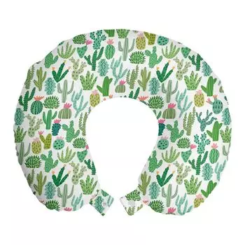 ABAKUHAUS Cactus Travel Pillow Подушка для шеи, кактусы в мексиканской тематике, пенопластовые дорожные принадлежности для самолета и автомобиля, 30x30 см, белый и морская пена