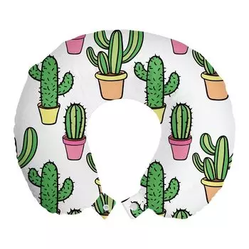 ABAKUHAUS Cactus Travel Pillow Подушка для шеи, мультяшные цветы, пенопластовые дорожные принадлежности для самолета и автомобиля, 30x30 см, персиково-зеленый розовый