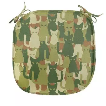 ABAKUHAUS Camo Подушка для обеденного стула, силуэты котят в джунглях, декоративная водонепроницаемая подушка с ремнями для кухонных сидений, 40 см x 40 см, зеленый темно-зеленый кремовый