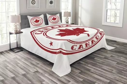 ABAKUHAUS Canada Комплект покрывала, дизайн резинового штампа, комплект с моющимися наволочками, для односпальных кроватей 264 x 220 см, ярко-красный и белый