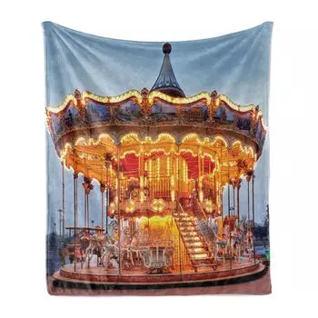 ABAKUHAUS Carousel Мягкое фланелевое флисовое одеяло, традиционные сердечки в зеленых тонах, монохромные завитки с иллюстрациями, 175 x 230 см, бархатцы и серо-голубой, серый